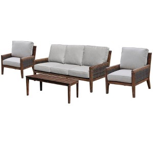 Courtyard Casual Bermuda FSC Teak 4 pc Sofa Seating Set  Includes:  One Sofa, One Coffee Table & Two Club Chairs - 1 of 4