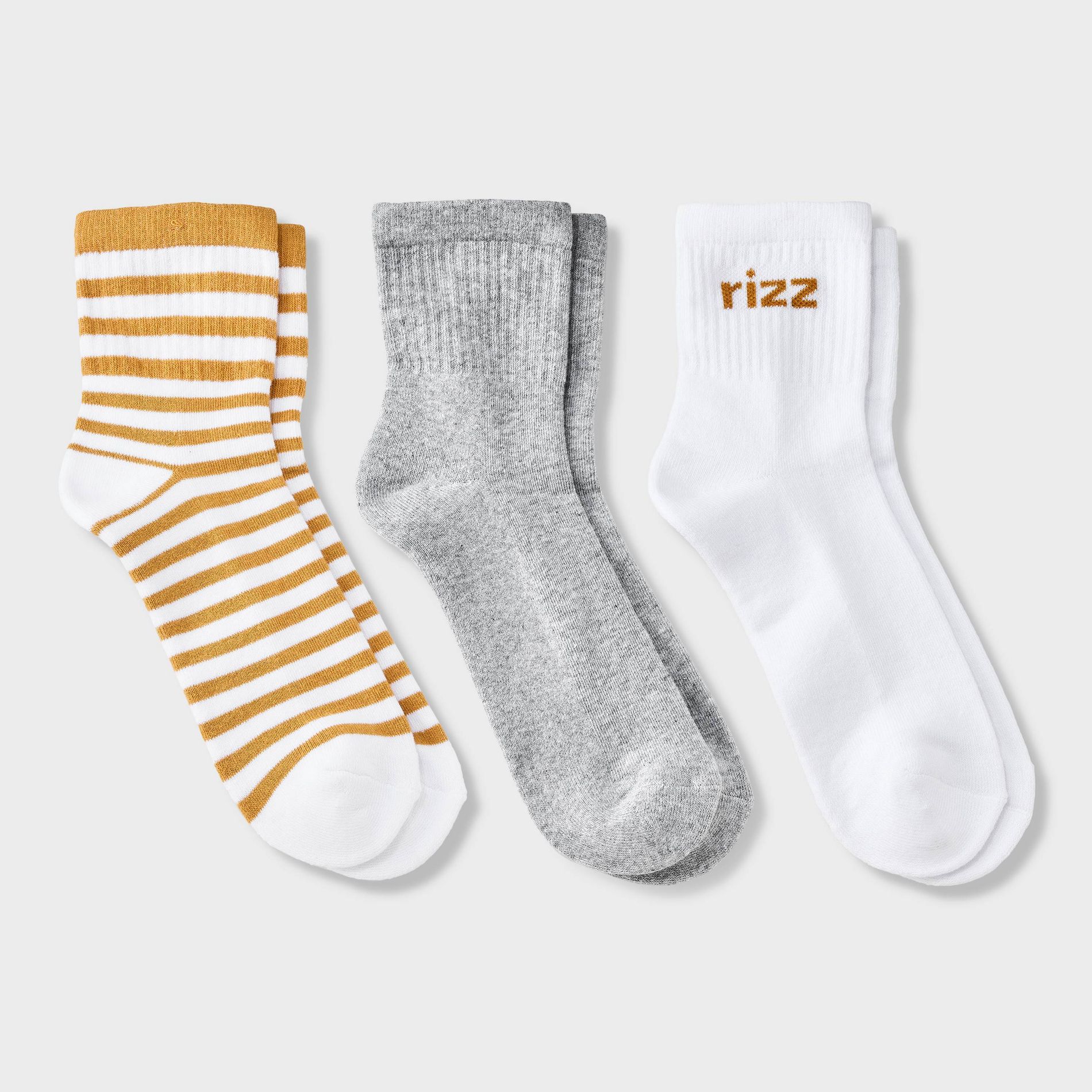 Women's "Rizz" Cushioned Striped 3pk Mid Crew Socks - Universal Thread™ White/Gold/Heather Gray 4-10: Cotton Blend, Knit