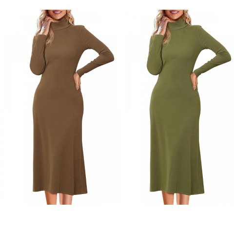 Женские платья INSPIRE CHIC Women's Turtleneck Casual Long Sleeve Stretch Flowy Ribbed Knit Sweater Midi Dress 2 Packs Dark Brown/Avocado Green Small