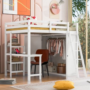 NicBex Full Size Bunk Bed with Desk Loft Bed Wood Bed Frame with Wardrobe, Shelves, Inclined Ladder and Guardrail, No Box Spring Required - 1 of 4
