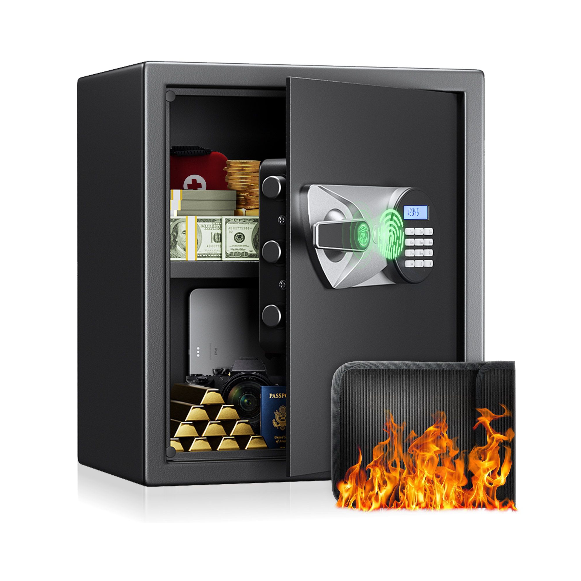 GOTGELIF 1.5 Cuft Fireproof Biometric Safe Box with Hidden Design & Digital Keypad for Home & Office
