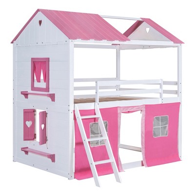 Vynxaria Full Size Bunk Wood House Bed with Elegant Windows, Sills and Tent, Pink+White