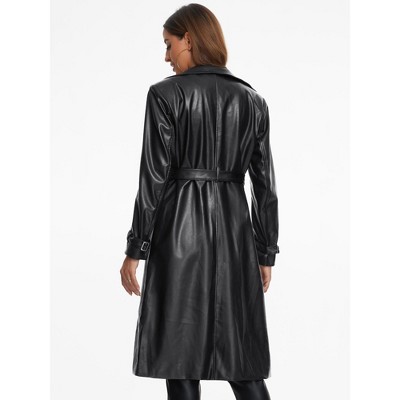 INSPIRE CHIC Women's Faux Leather Lapel Long Sleeve Zip Casual Long Coat Black Medium — фото 3