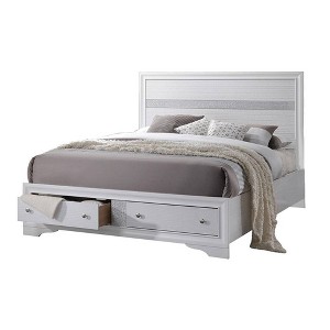 84" Queen Bed Naima Bed White - Acme Furniture: Faux Leather Upholstered, Wood Frame, Built-In Drawer - 1 of 4