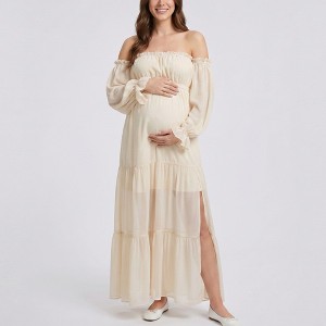 Anna-Kaci Women's Off Shoulder Maternity Maxi Dress with Sheer Long Sleeves  and Tiered Skirt : Target