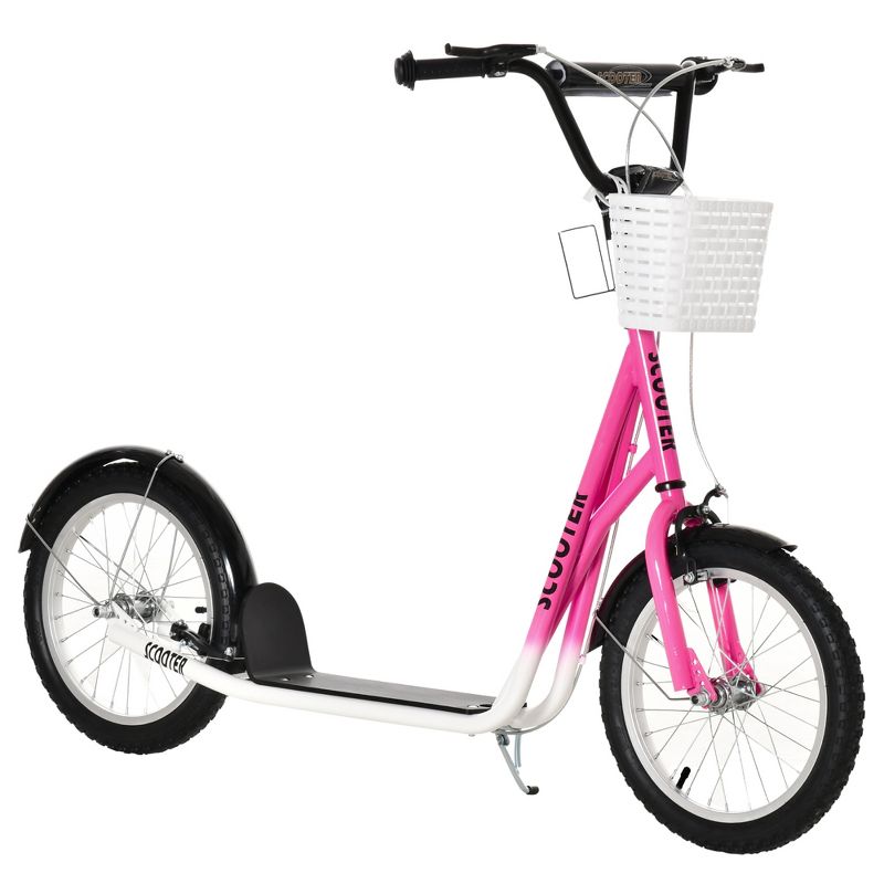Aosom Youth Scooter, Kick Scooter with Adjustable Handlebars, Double Brakes, 16" Inflatable Rubber Tires, Basket, Cupholder, Mudguard Ages 5-12 years old, 1 of 8