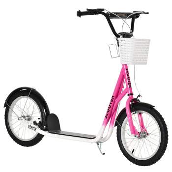Aosom Youth Scooter, Kick Scooter with Adjustable Handlebars, Double Brakes, 16" Inflatable Rubber Tires, Basket, Cupholder, Mudguard Ages 5-12 years old
