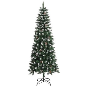 vidaXL Artificial Christmas Tree with Stand - 82.7" Hinged Construction, Bushy PVC Tips, with Cones, Snow and Glitter Decorations - 1 of 4