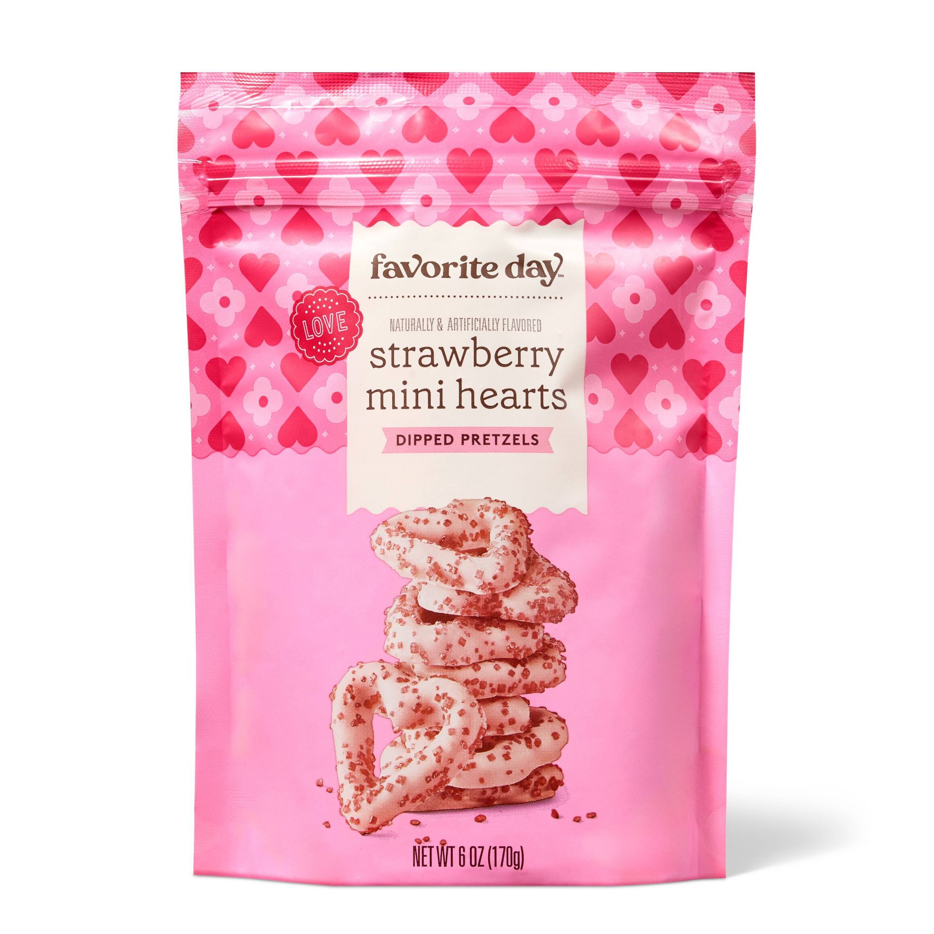 Valentine's Pink Strawberry Heart Shaped Pretzels with Red Sugar Crystals - 6oz - Favorite Day™