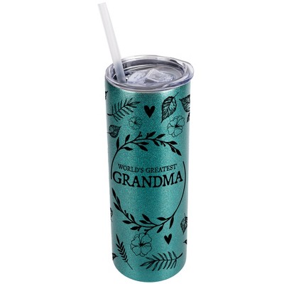 Elanze Designs Floral Turquoise Blue 20 Ounce Double Wall Stainless Steel Glitter Travel Tumbler With Sliding Lid And Straw, World's Greatest Grandma