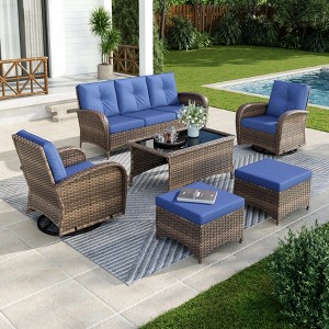 Captiva Designs Vintage Patio Swivel Wicker Conversation Sofa Set with Ottomans - 1 of 4