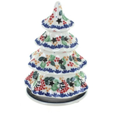 Blue Rose Polish Pottery Holly Small Christmas Tree Luminary