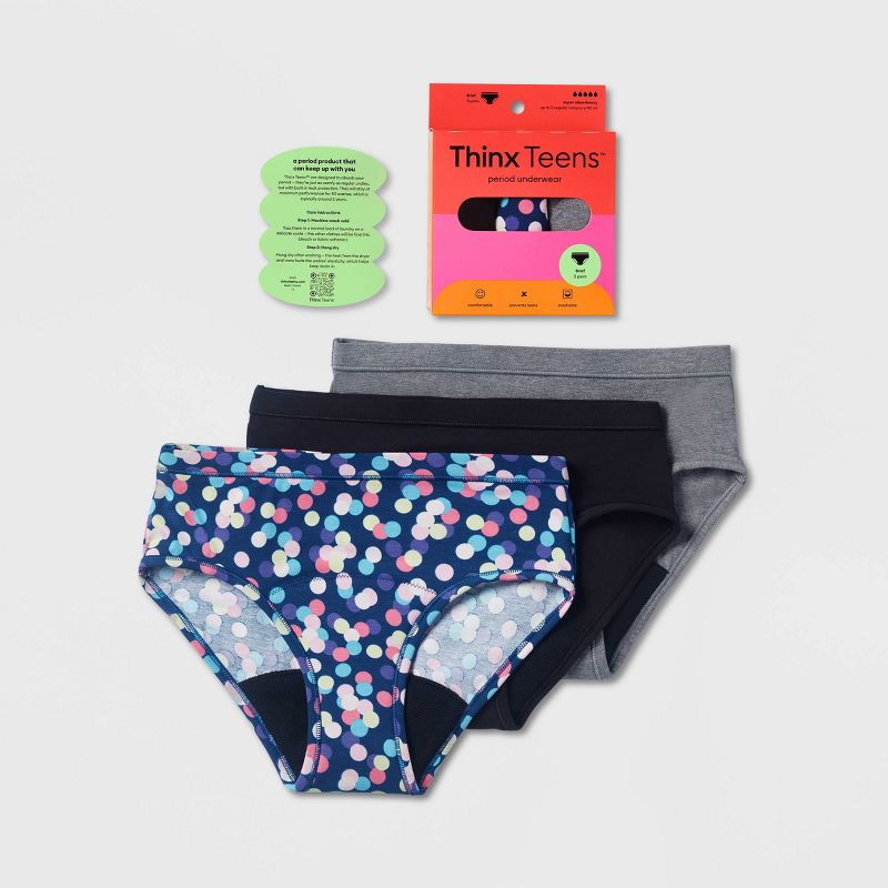 Thinx Teen's 3pc Party Combo Briefs Period Underwear - Black/Gray/Blue, 4 of 15