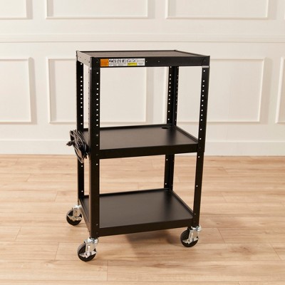 Black Alloy Steel Rolling AV Media Cart with Adjustable Shelves