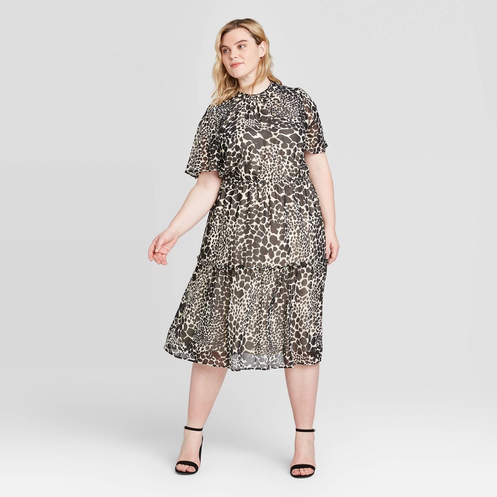 Women's Plus Size Leopard Print Short Sleeve Midi Dress - Who What Wear Black 2X was $36.99 now $25.89 (30.0% off)