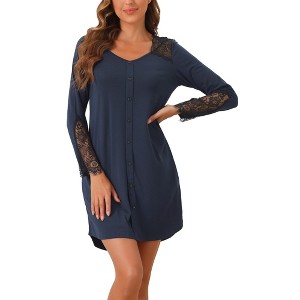 cheibear Women's Long Sleeve Lace Trim V-Neck Pajama Dress - 1 of 4