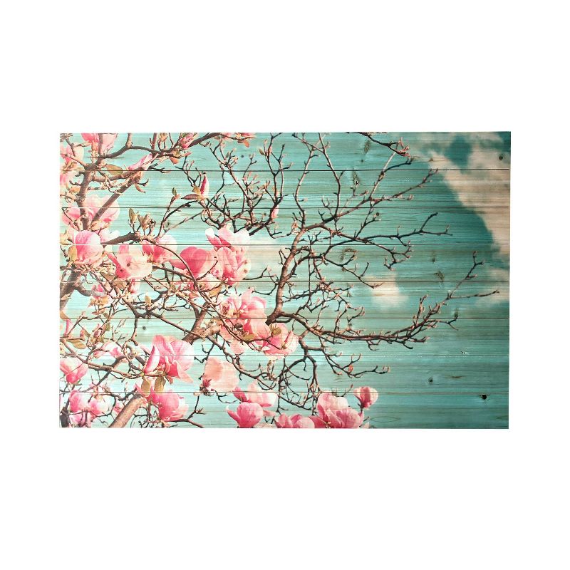 24&#34; x 36&#34; Magnolia Blossom Print on Planked Wood Wall Sign Panel Light Blue/Pink - Gallery 57, 1 of 7