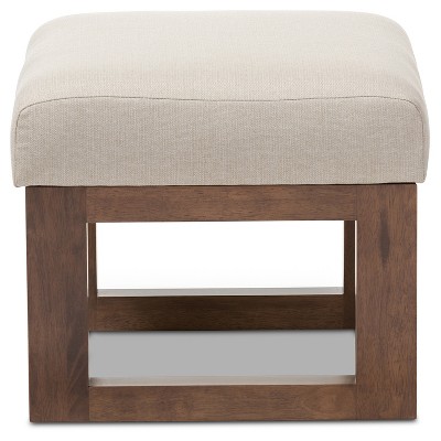 Yashiya Light Beige Fabric Upholstered Ottoman Stool with Walnut Wood Base