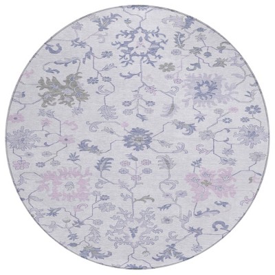 HomeRoots 8' Lavender Mauve And Gray Round Floral Washable Indoor Outdoor Area Rug