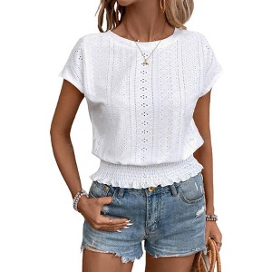 Women's Casual Eyelet Pattern Smocked Waist Short Sleeve Shirt Summer Crew Neck Blouse - 1 of 4