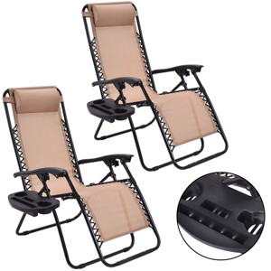 Costway 2PCS Zero Gravity Chairs Lounge Patio Folding Recliner Beige W/Cup Holder - 1 of 4