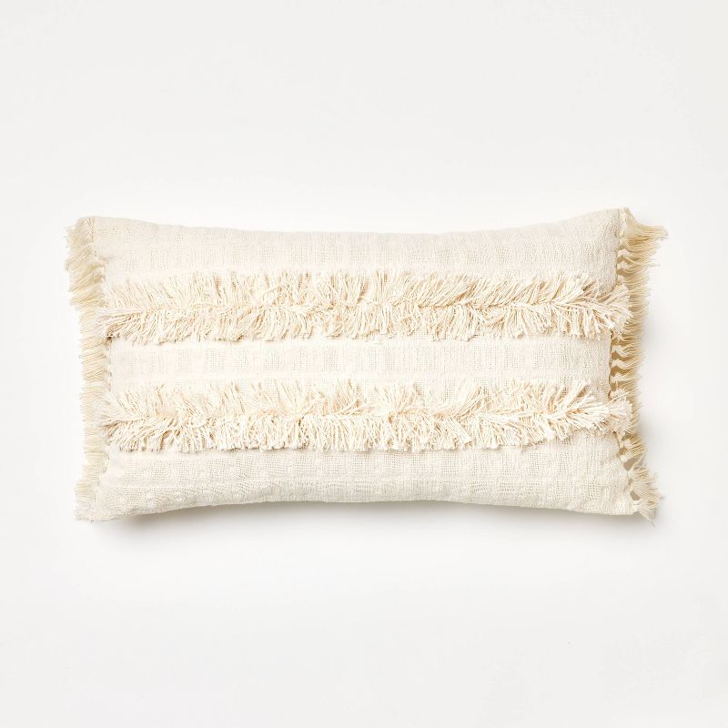 Oversized Woven with Frayed Detail Lumbar Throw Pillow Cream - Threshold&#8482; designed with Studio McGee, 1 of 6