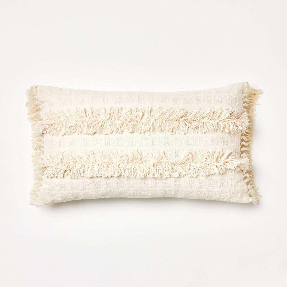 Photos - Pillow Oversized Woven with Frayed Detail Lumbar Throw  Cream - Threshold™