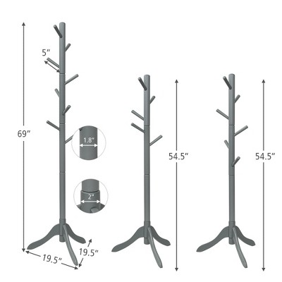 Gray Rubber Wood Adjustable Height Coat Rack with 8 Hooks