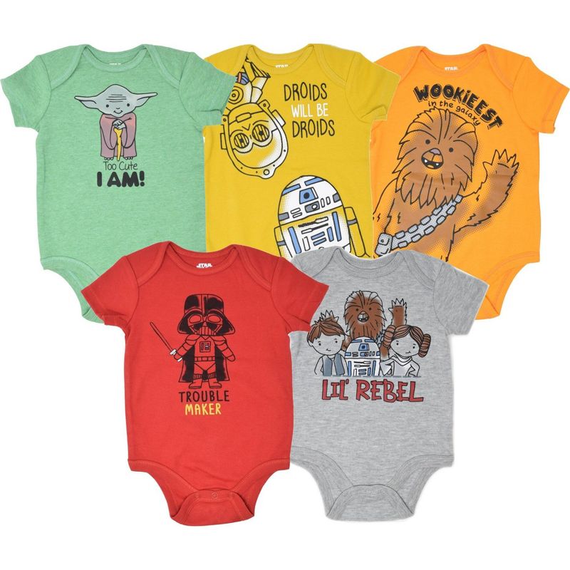 Star Wars R2-D2 C-3PO Chewbacca Yoda Darth Vader Newborn Baby Boys 5 Pack Short Sleeve Bodysuits , 1 of 10