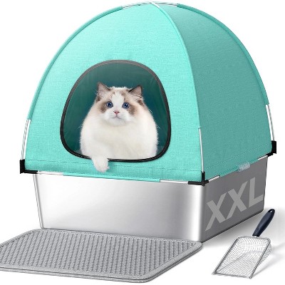 LunaLulinlk Stainless Steel Cat Litter Box with High-Sided Oxford Fabric Cover,Extra Large Square,Easy to Clean