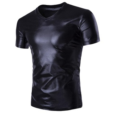 Lars Amadeus Men's Metallic Shiny Nightclub V Neck Short Sleeve Slim Fit Party Disco T-Shirt