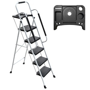 JANSNO White 5-Step Folding Step Ladder with Handrails & Tool Platform, Non-Slip Wide Pedals, Steel Frame - 1 of 4