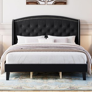 homfan Bed Frame with Wingback Headboard, Upholstered Velvet Platform Bed with Rivets Button Tufted Design, No Box Spring Needed, Easy Assembly - 1 of 4