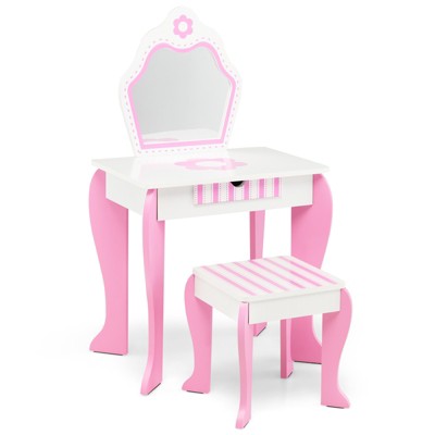 Infans Kid Vanity Set Wooden Makeup Table Stool w/ Mirror Flower Print Pink & White