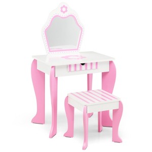 Infans Kid Vanity Set Wooden Makeup Table Stool w/ Mirror Flower Print Pink & White - 1 of 4