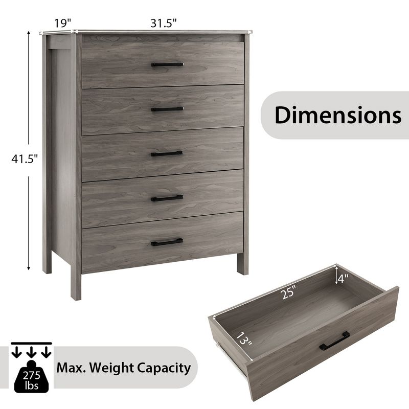 Costway Modern 5 Drawer Chest Storage Dresser Cabinet with Metal Handles Grey Oak, 3 of 11