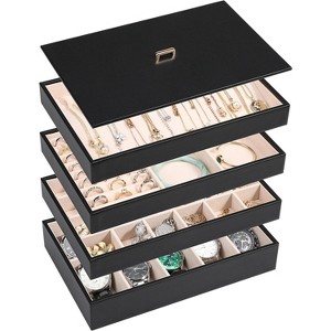 Set of 4 Stackable PU Leather Jewelry Trays with Lids, Drawer Organizer Inserts for Earrings & Watches, Black - 1 of 4
