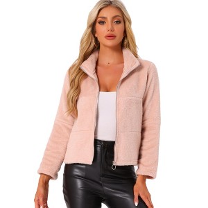 INSPIRE CHIC Women's Stand Collar Zip Up Long Sleeve Faux Fur Cropped Jacket - 1 of 4