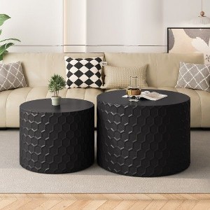 CENGHU Stylish and Minimalist Nesting Coffee Table Set with Honeycomb Design, Modern Round Side Table, Drum Circle Nightstand, Black, 2PCS - 1 of 4