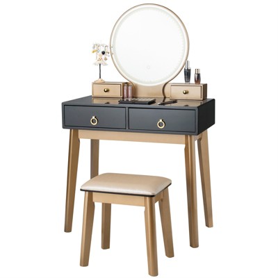 Tangkula Vanity Table Set 3 Color LED Light Touch Screen Mirror w/ Stool Black/Navy