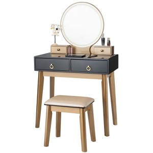 Tangkula Vanity Table Set 3 Color LED Light Touch Screen Mirror w/ Stool Black/Navy - 1 of 4