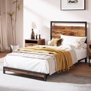6 Inch Twin Metal Platform Bed Frame with Wooden Headboard and Footboard, Mattress Foundation - 1 of 4