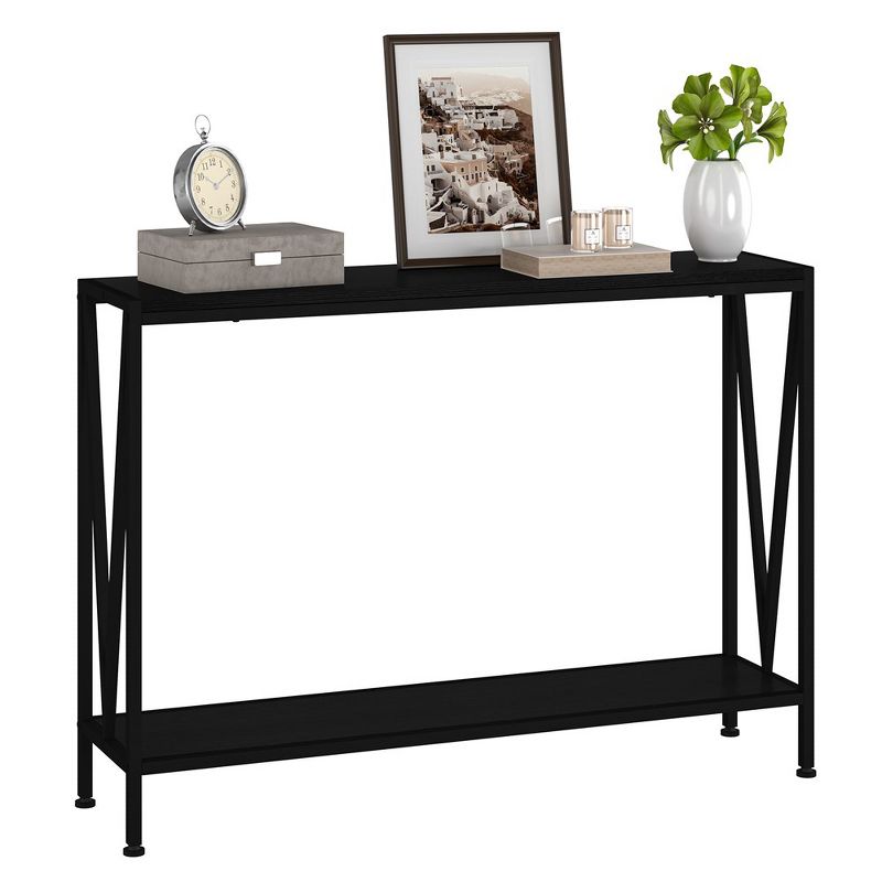 Console Table with Storage, Sofa Table with V Design, 2-Tier Narrow Console Table for Living Room, Hallway, Foyer, Corridor, Office-Black, 1 of 7