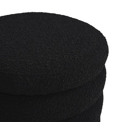 Ebony Black Boucle Round Storage Ottoman with Gathered Embellishment