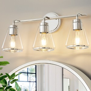 POWLIG 22-in 3-Light Modern Polished Nickel Dimmable Bathroom Vanity Light with Cone Clear Glass Shade - 1 of 4