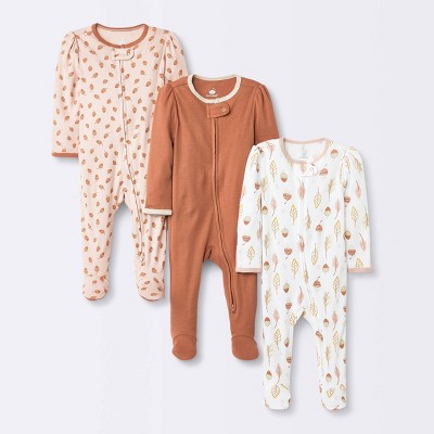 Image of Baby Girls' 3pk Fall Zip-Up Sleep N' Play - Cloud Island™ Orange Newborn
