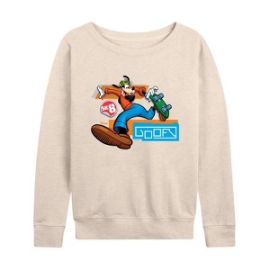 Women's - Disney - Goofy Leap Lightweight French Terry Wide Neck Long Sleeve Shirt - 1 of 4