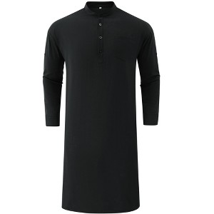 Men's Long - Sleeve Henley Shirt, Basic Solid - Color Mid - Length Tunic Top with Button Placket & Chest Pocket - 1 of 4