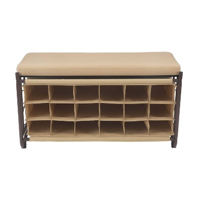 Industrial Beige and Bronze Shoe Storage Bench with 18 Cubbies