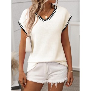 Womens Knit Tops Raglan Sleeve V Neck Color Block Pullover Sweater Top - 1 of 4